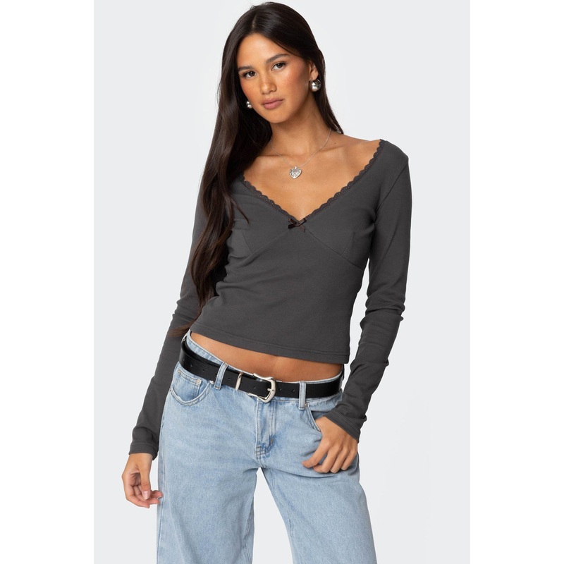 Adrienne Lace Trim Top DARK GRAY XS