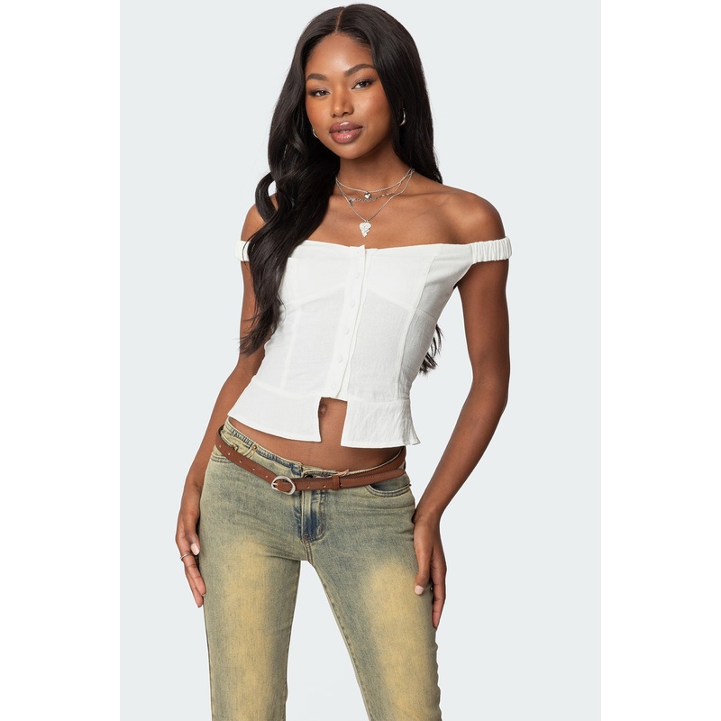 Ali Linen Look Off Shoulder Top WHITE XS