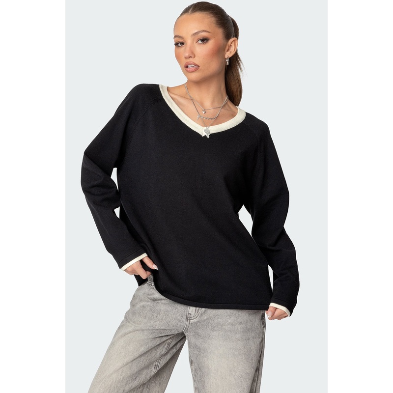 Contrast V Neck Knit Sweater BLACK XS/S