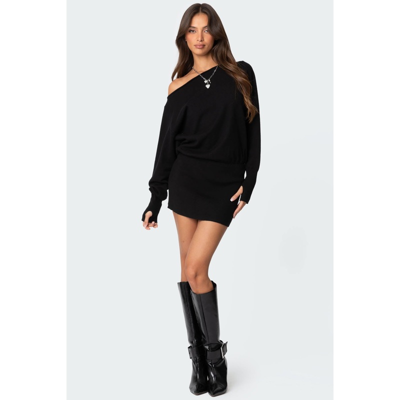 Eve Off Shoulder Knit Mini Dress BLACK XS