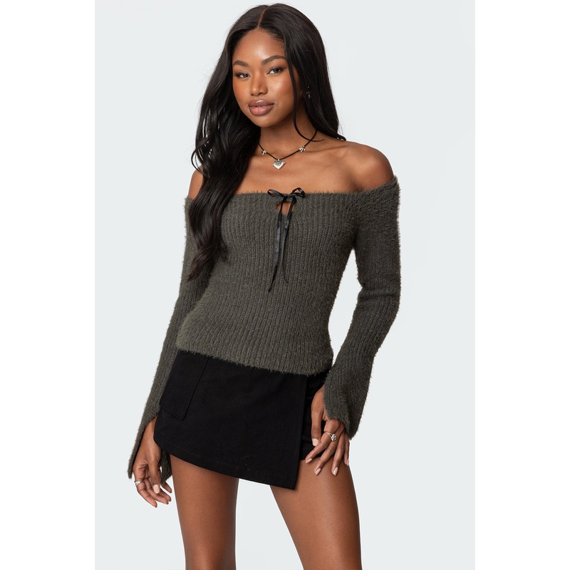 Keyhole Off Shoulder Ribbed Knit Top GRAY XS