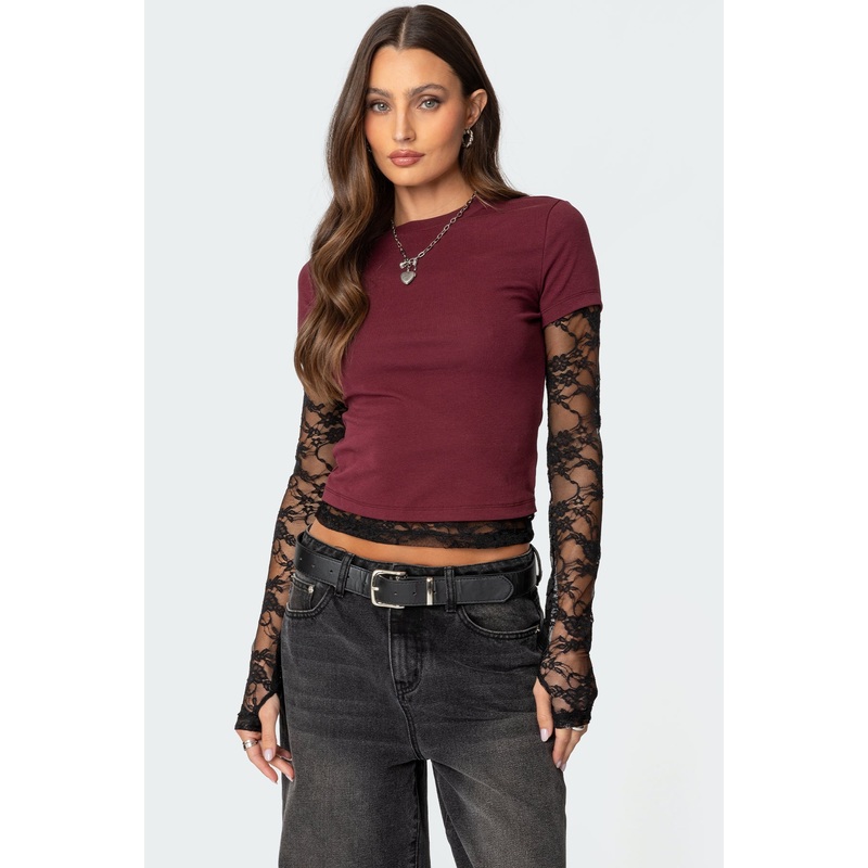 Layered Lace Sleeve T Shirt BURGUNDY XS
