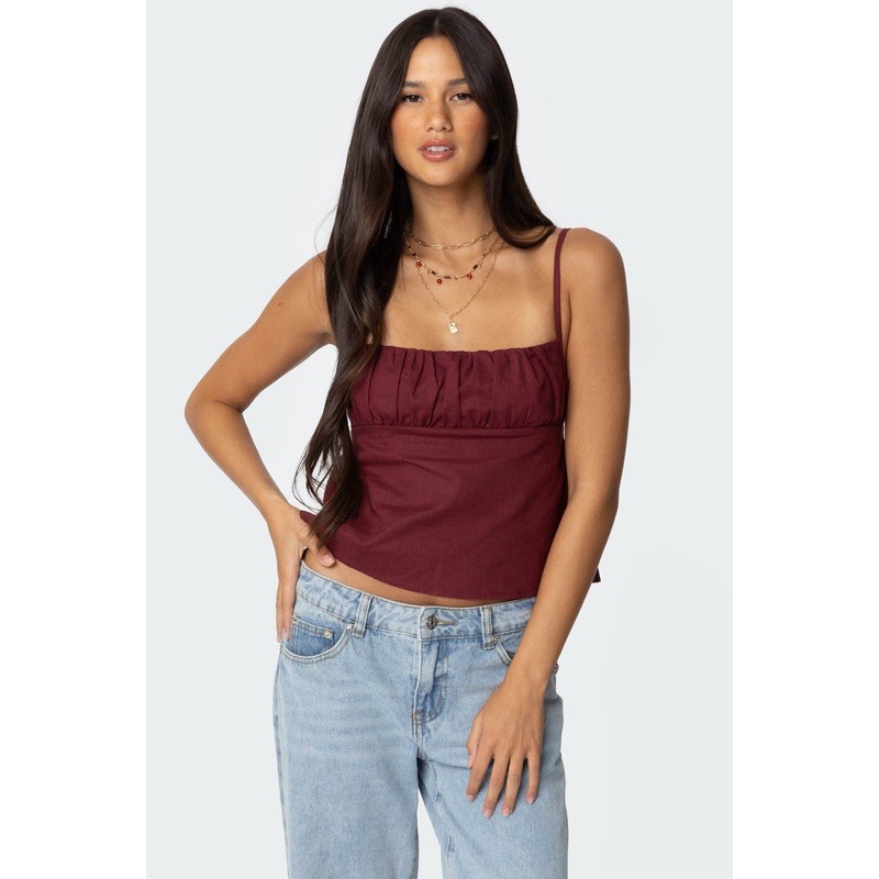 Linen Look Open Back Top BURGUNDY XS