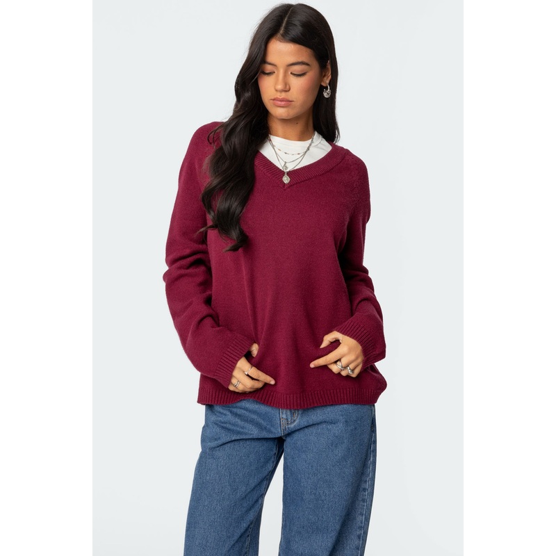 Martha Oversized V Neck Sweater BURGUNDY XS