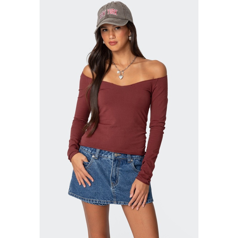 Nattie Off Shoulder V Neck Top BURGUNDY XS