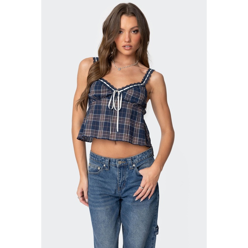 Plaid Lace Trim Tank Top NAVY XS