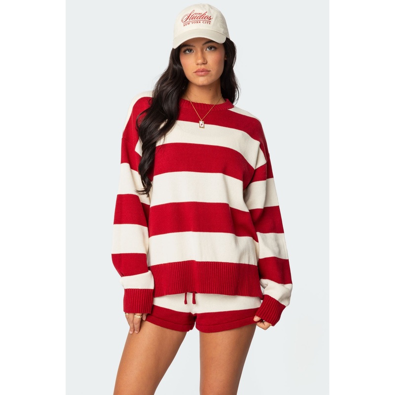 Riley Oversized Striped Sweater BURGUNDY AND CREAM XS