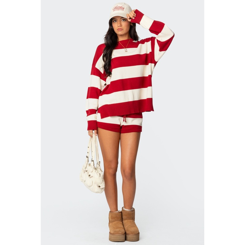 Riley Striped Knit Shorts BURGUNDY AND CREAM XS