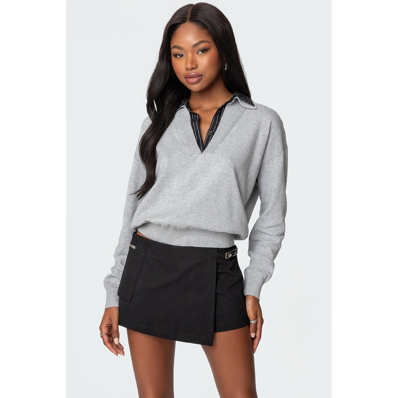 Rue Double Collared Sweater GRAY XS