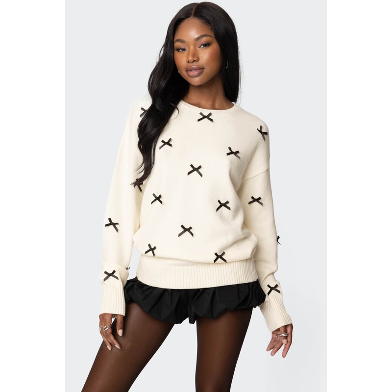 Satin Effect Bow Oversized Sweater CREAM XS