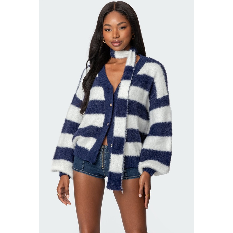 Striped Two Piece Knit Scarf Cardigan NAVY XS/S