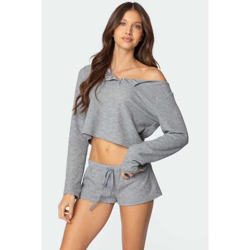 Teddy Cropped Waffle Top GRAY MELANGE XS