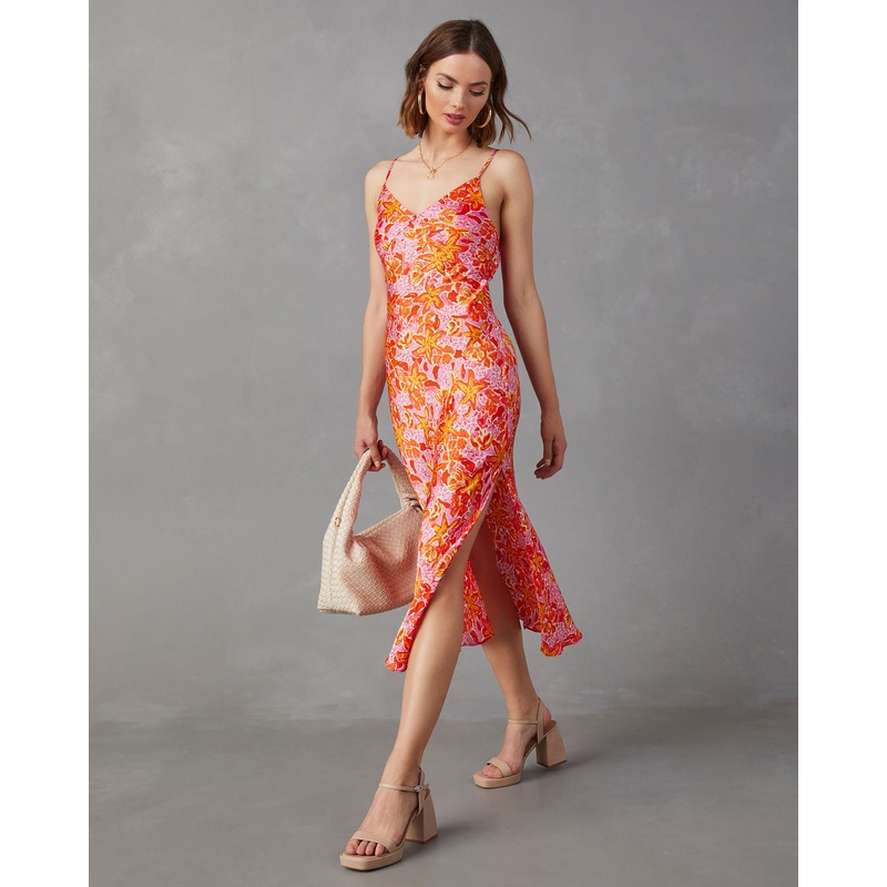 Allen Satin Floral Midi Dress Pink/Multi XS