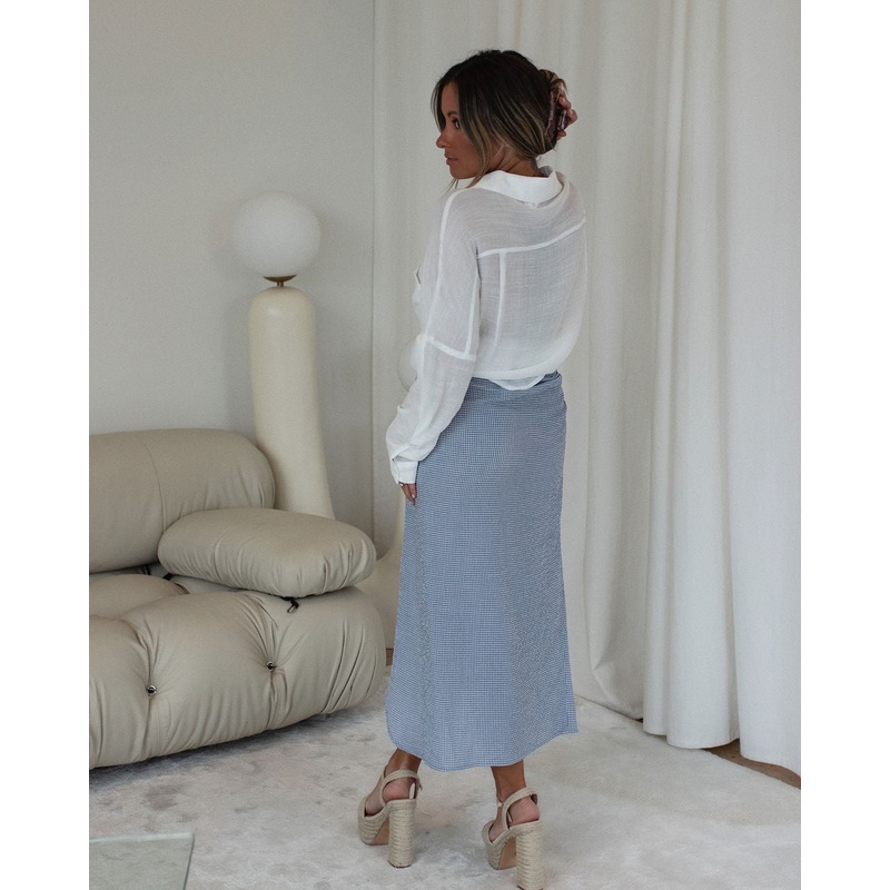 Amelie Gingham Side Tie Midi Skirt Blue XS