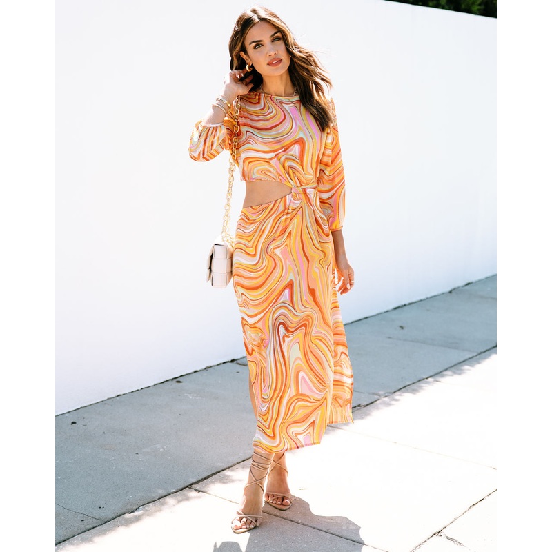 Annika Satin Marble Side Cutout Midi Dress Yellow S