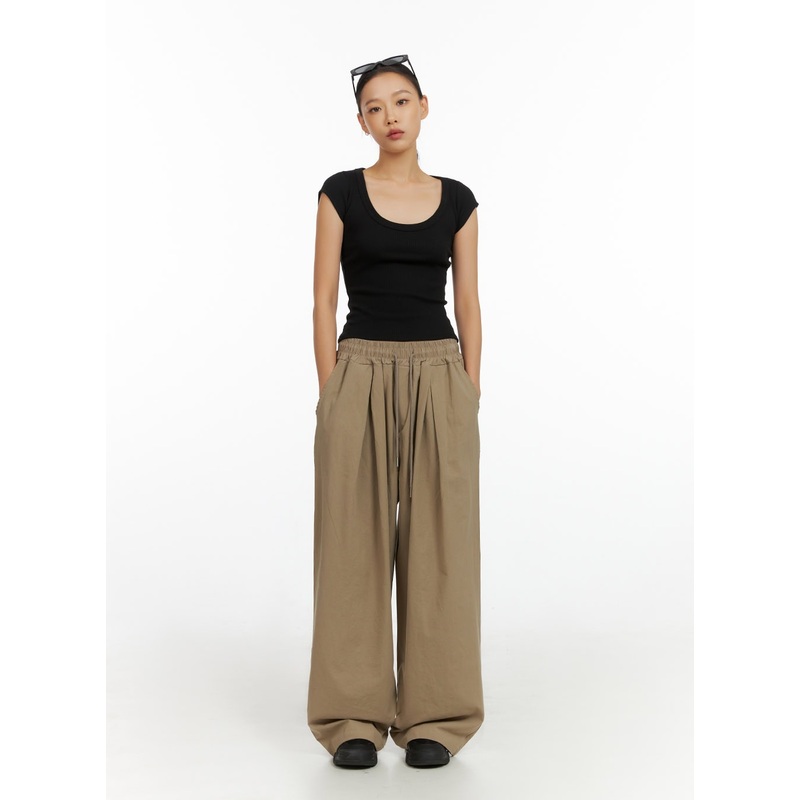 Banded Wide Leg Trousers IL409 Beige M/L