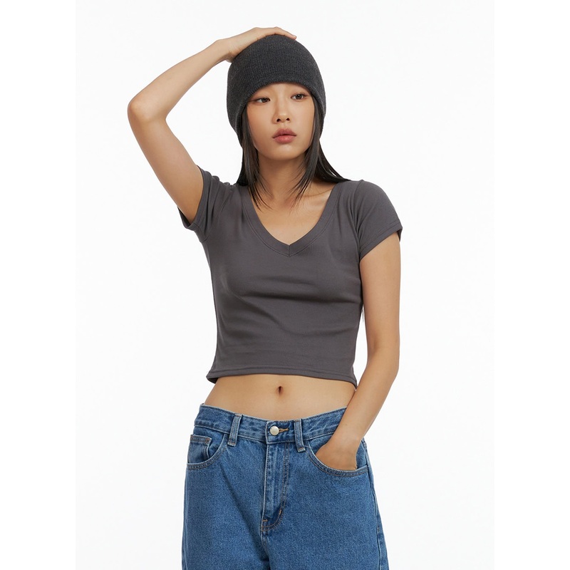 Basic V-Neck Crop Tee IL409 Dark gray S/M
