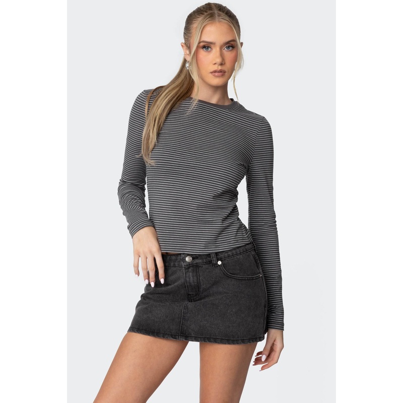 Brianna Striped Long Sleeve T Shirt DARK GRAY XS