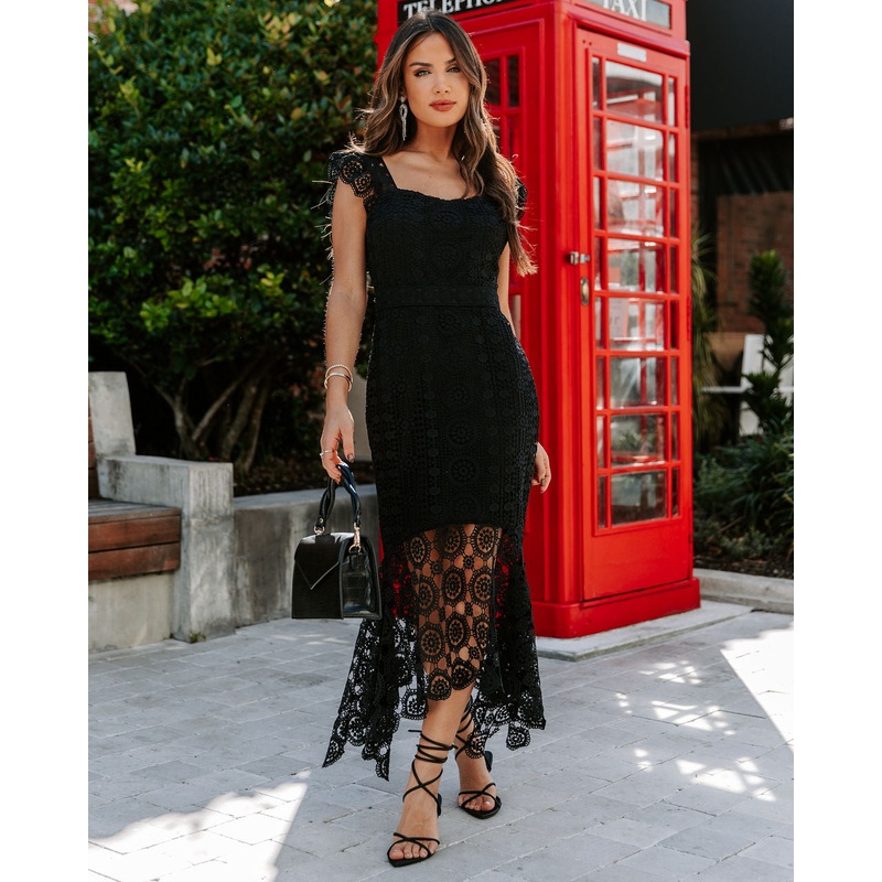Dare To Be You Crochet Lace Ruffle Midi Dress Black XS