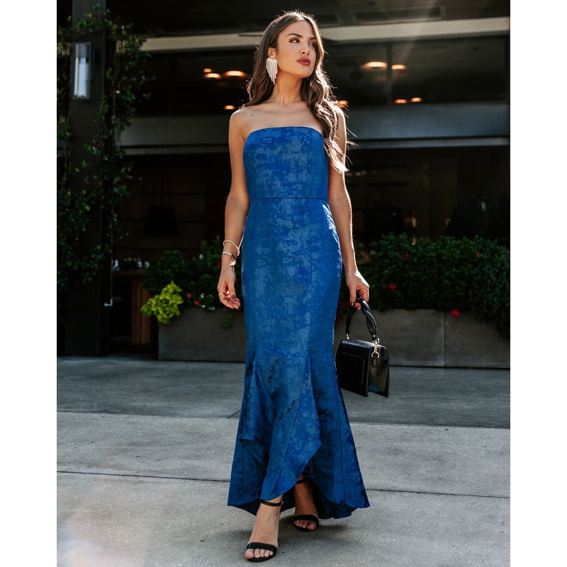 Elliana Strapless Embossed Ruffle Maxi Dress Navy XS