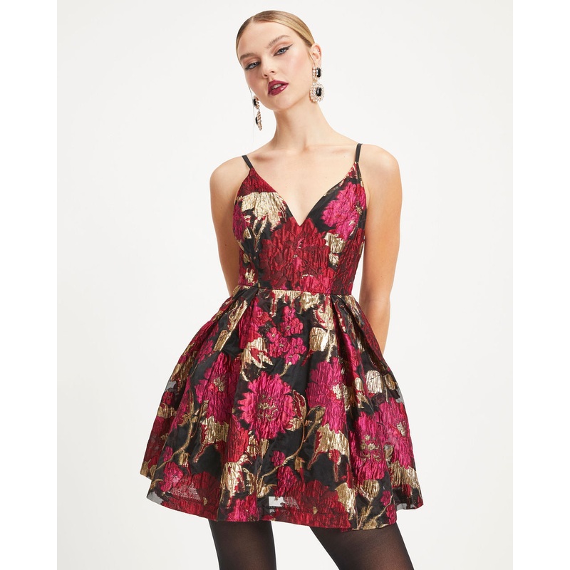 Fairest Of Them All Floral Metallic Organza Mini Dress Black XS