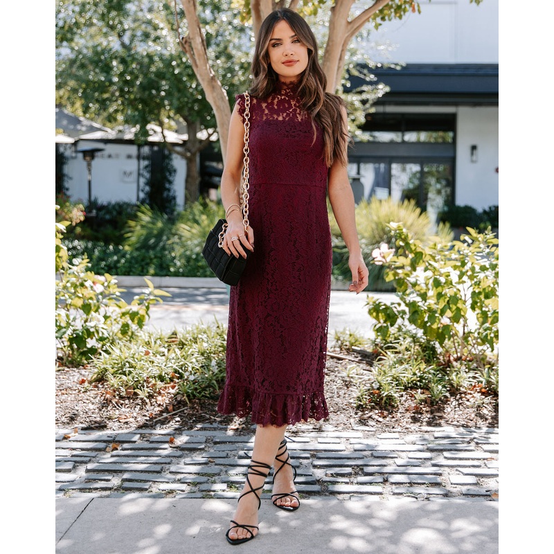 Frances Lace Ruffle Midi Dress Wine XS
