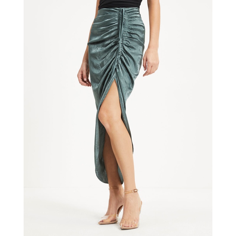 Garcelle Ruched Embossed Satin Maxi Skirt Dark Sage S