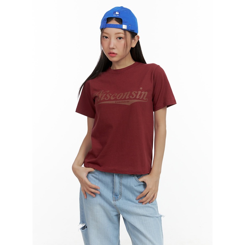 Graphic Short Sleeve Letter Top OL408 Dark red S/M