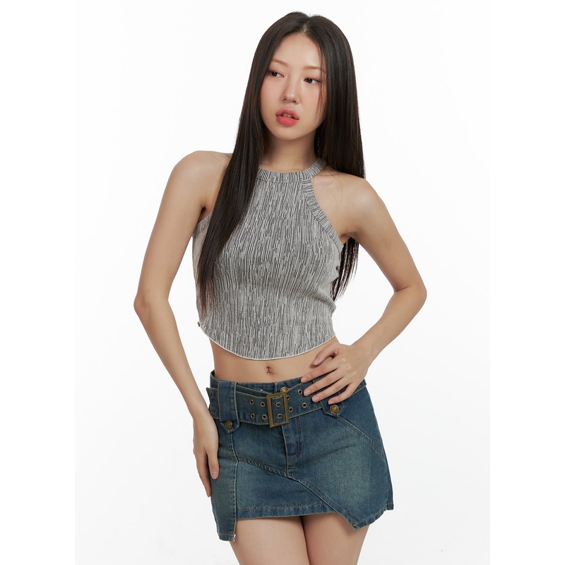 Halter Printed Crop Tank Top OL408 Gray S/M