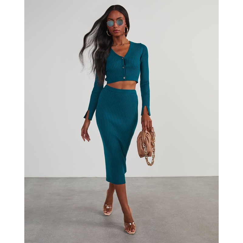 Jillian Ribbed Midi Skirt Teal XS