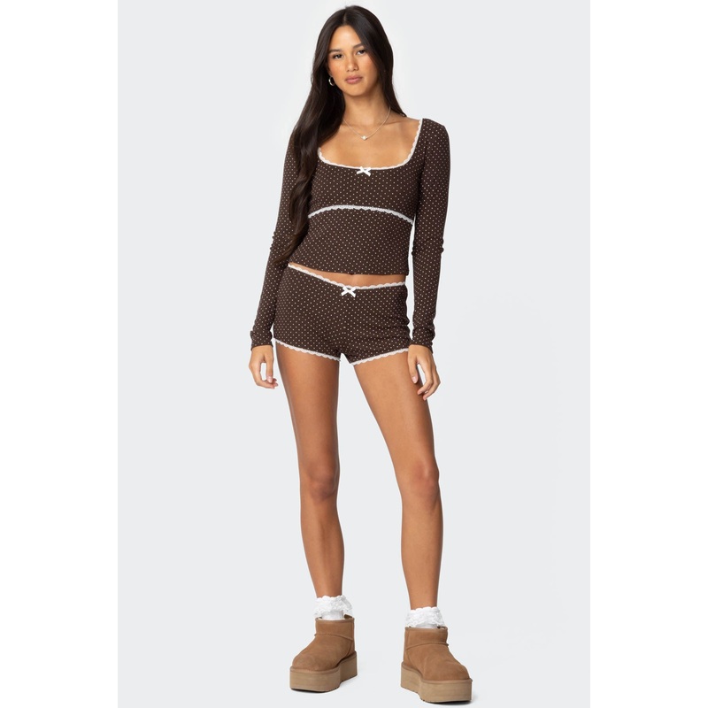 Juliana Polka Dot Ribbed Shorts BROWN XS