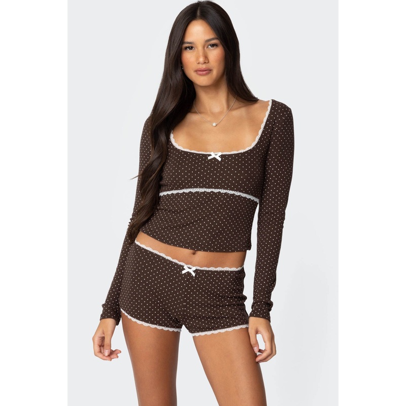 Juliana Polka Dot Ribbed Top BROWN XS