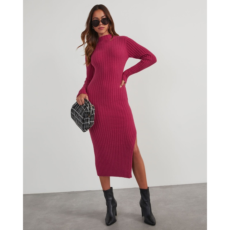 Lidia Ribbed Midi Sweater Dress Berry XS