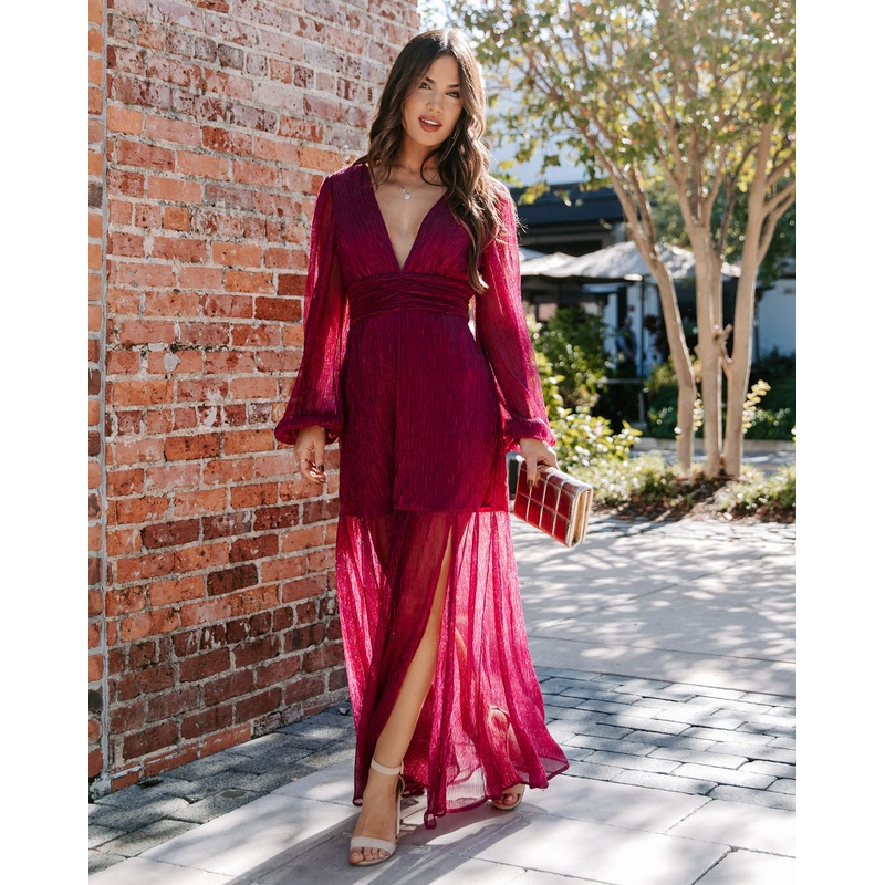 Loretta Plisse Metallic Balloon Sleeve Maxi Dress Berry XS