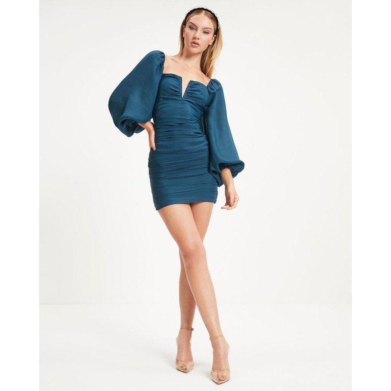 Lucinda Ruched Puff Sleeve Mini Dress Dark Teal XS