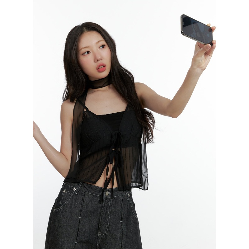 Mesh Slit Strap Tank Top with Scarf Set CL410 Black S/M