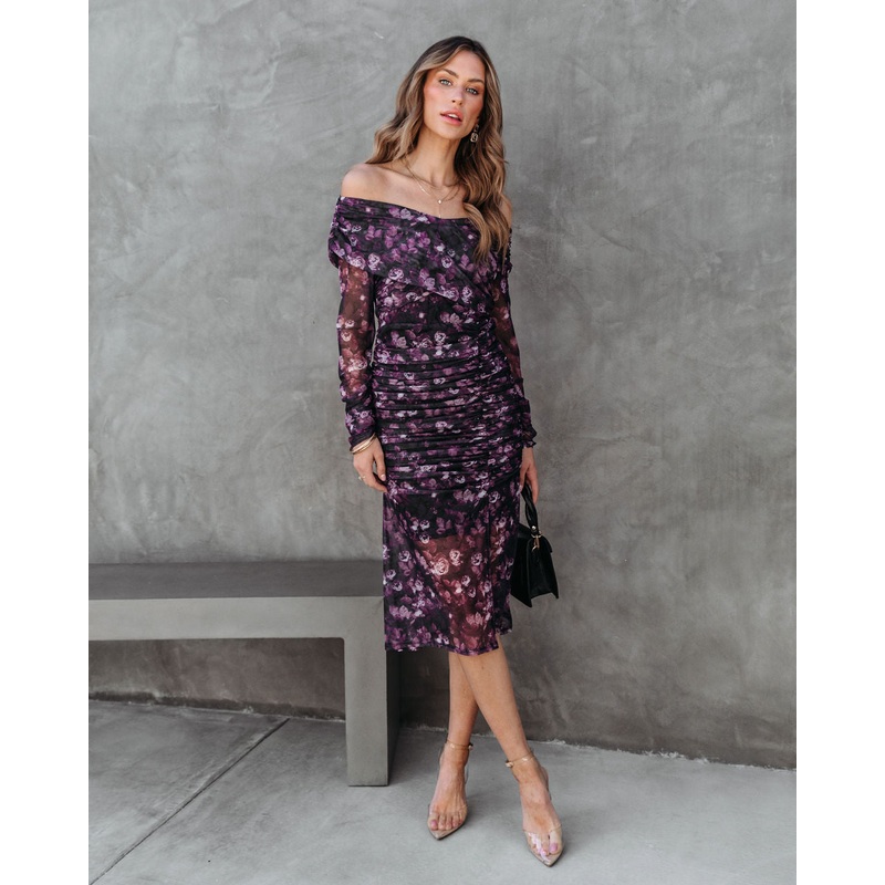 Rowena Floral Ruched Midi Dress Purple XS