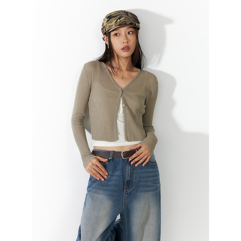 Sheer Buttoned Cardigan IL409 Dark beige S/M