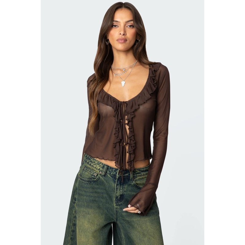 Sheer Mesh Ruffled Top BROWN XS