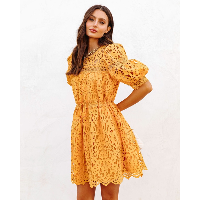 Sunflower Fields Crochet Lace Mini Dress Marigold XS