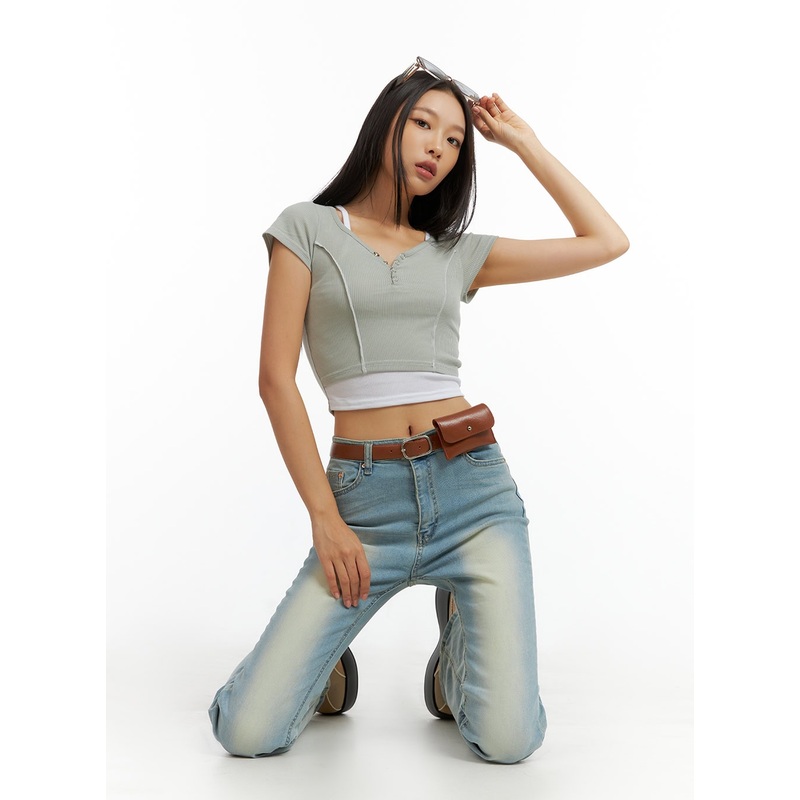 V-Neck Buttoned Crop Top IL409 Dark green S/M