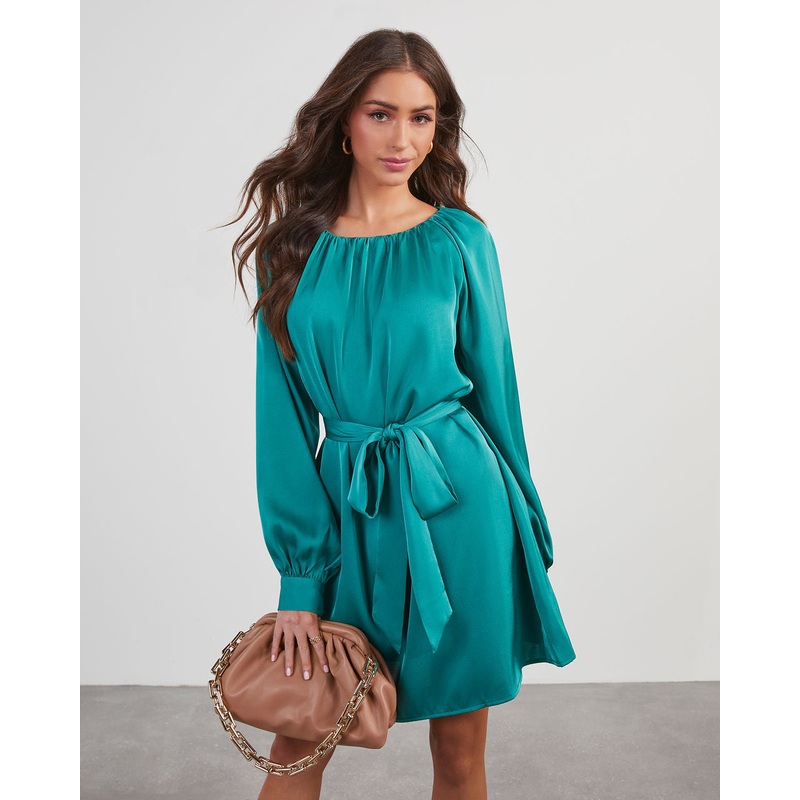 Decklan Satin Tie Waist Mini Dress Emerald XS