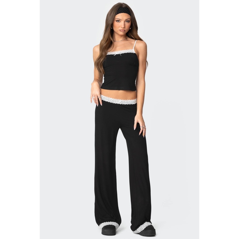 Domino Contrast Lace Trim Pants BLACK XS