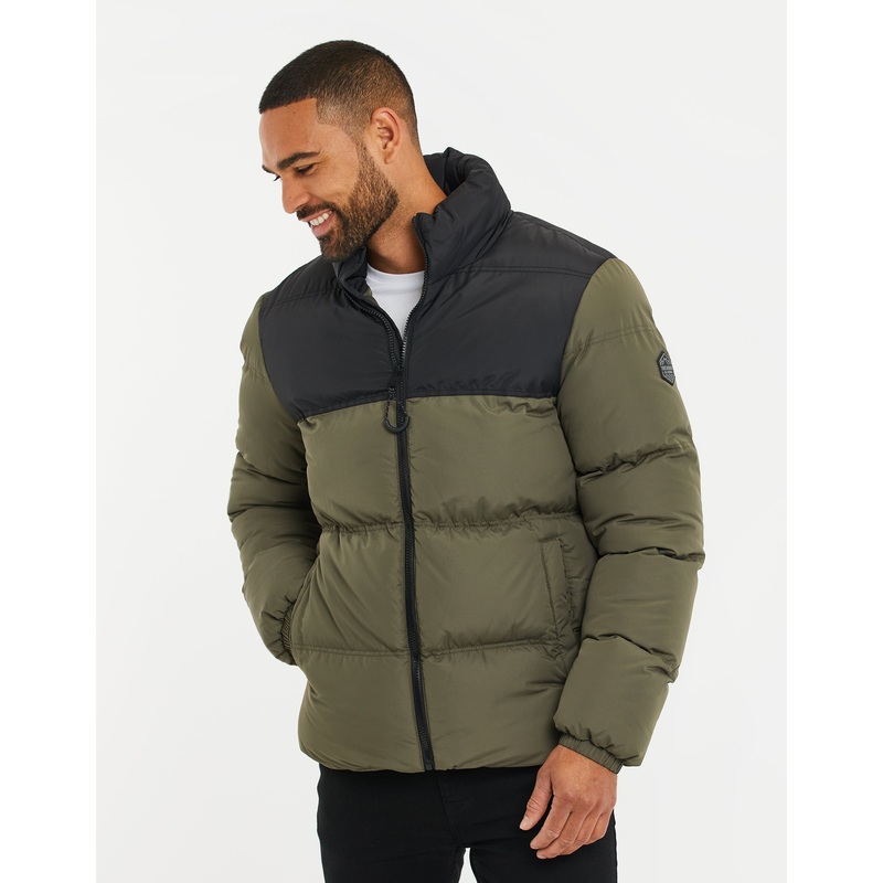 Khaki & Black Colourblock Puffer Jacket Khaki & Black S