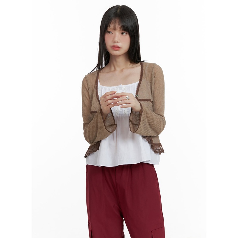 Lace Hem Cardigan CL412 Dark brown S/M