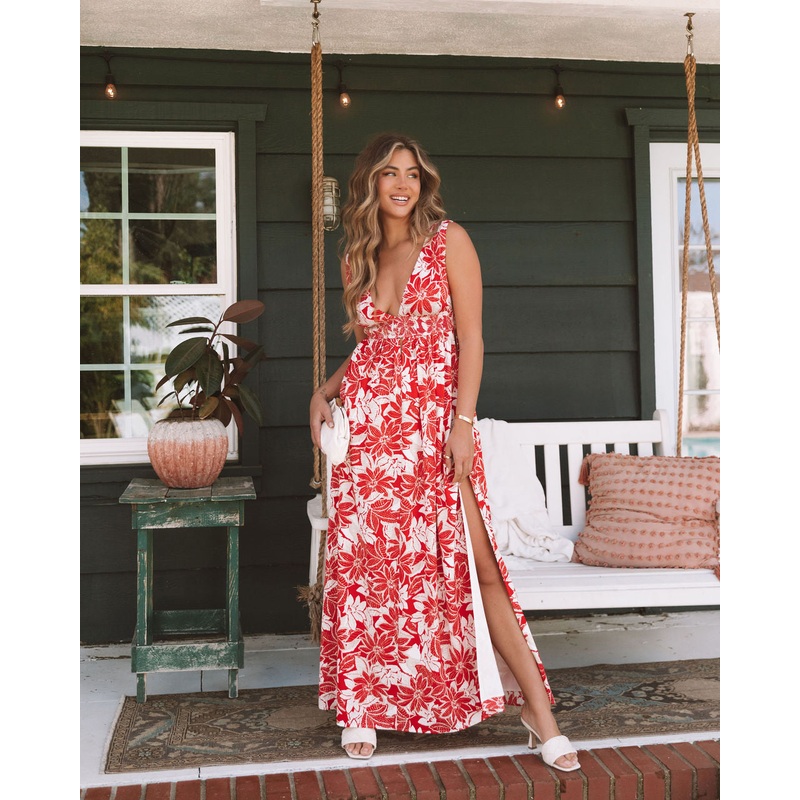 Serafina Smocked Side Slit Maxi Dress Red/Cream XS