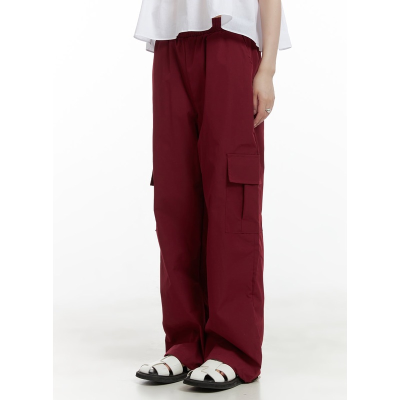 Solid String Waist Cargo Pants CL412 Dark red S/M