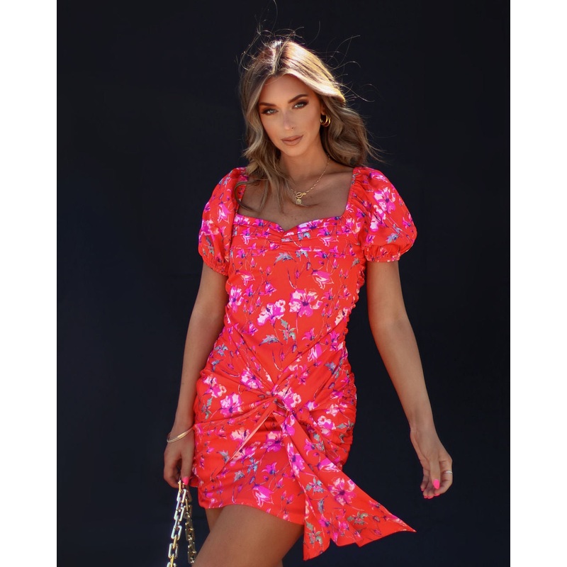 Springs Finest Satin Floral Puff Sleeve Mini Dress Red XS