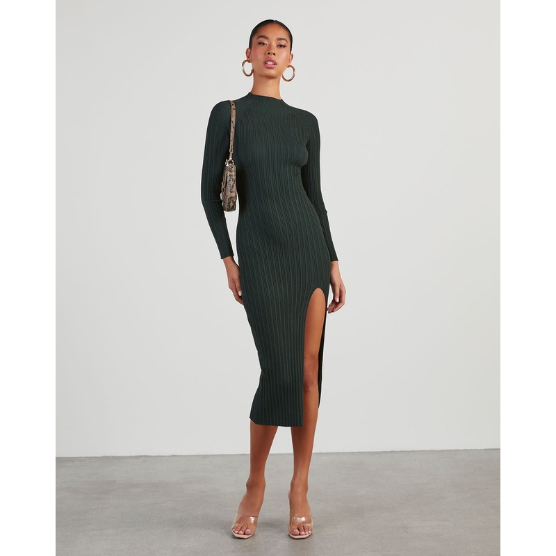 Thankful Soul Ribbed Mock Neck Midi Dress Pine XS