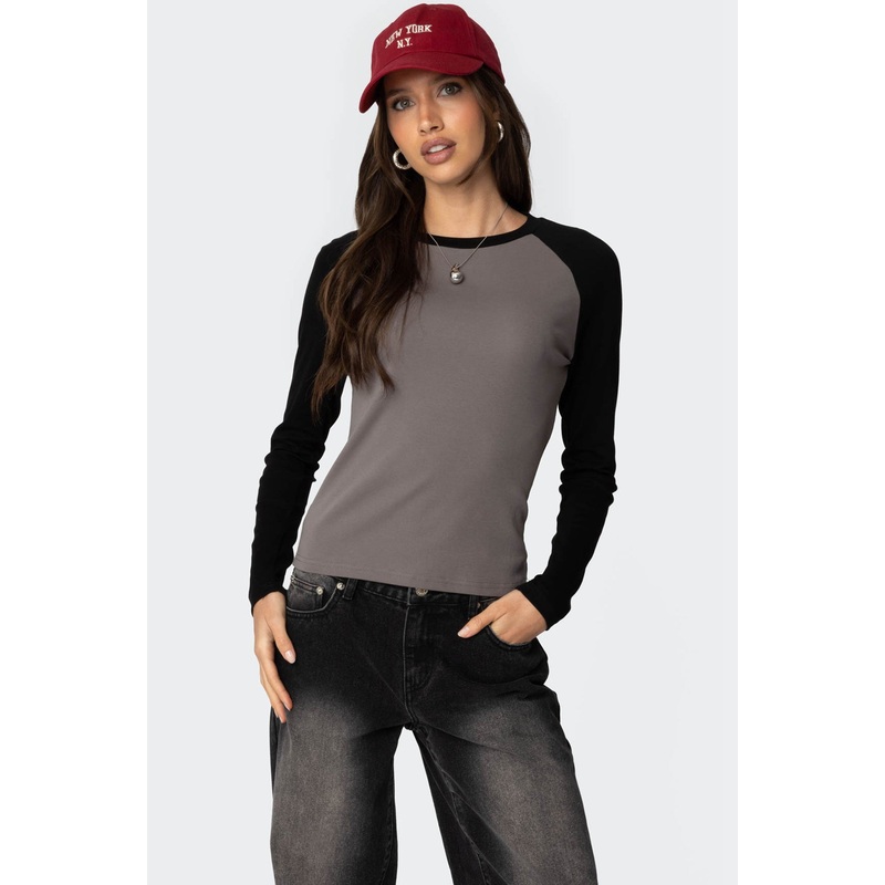 Tommi Raglan Long Sleeve T Shirt GRAY AND BLACK XS